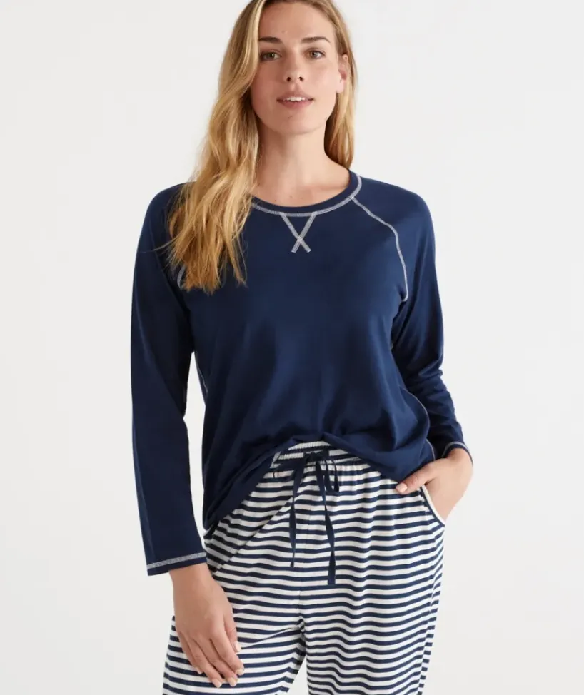 Australian Cotton Contrast Trim Pyjama Long Sleeve Top<Sussan Hot