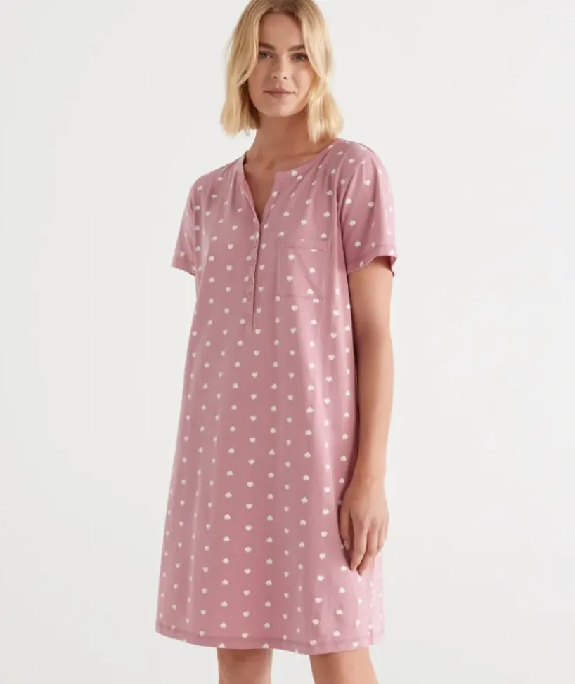 Australian Cotton Heart Print Henley Nightie<Sussan Online