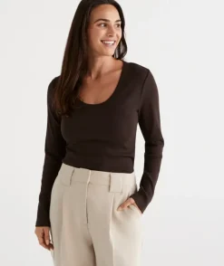 Australian Cotton Long Sleeve Rib Scoop Top<Sussan