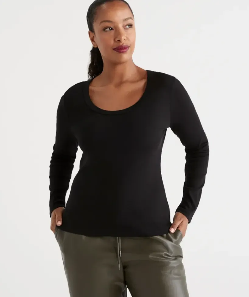 Australian Cotton Long Sleeve Rib Scoop Top<Sussan