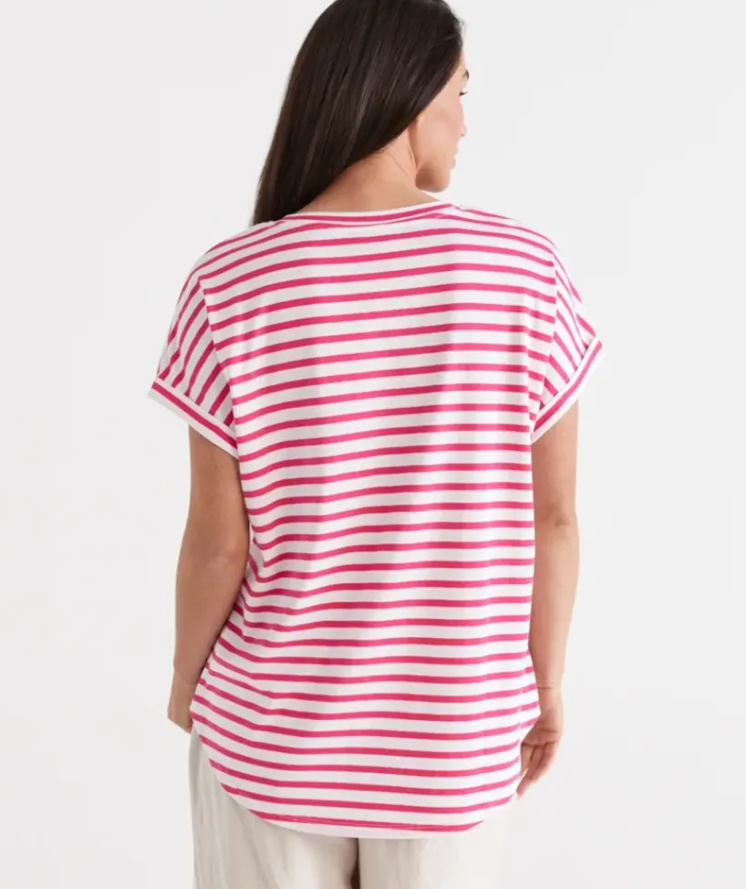 Australian Cotton Stripe Extended Roll Cuff Tee<Sussan Online