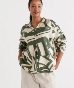 Linen Abstract Print Popover Shirt<Sussan Clearance