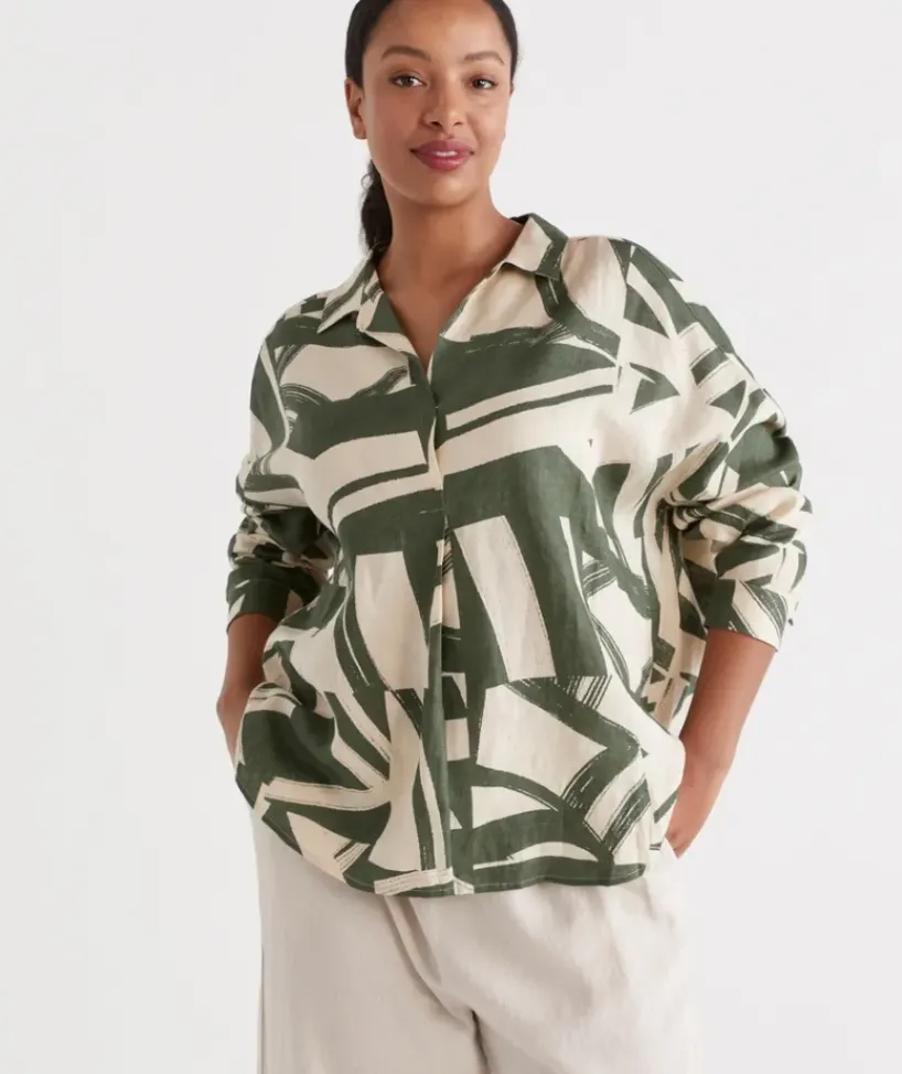 Linen Abstract Print Popover Shirt<Sussan Clearance
