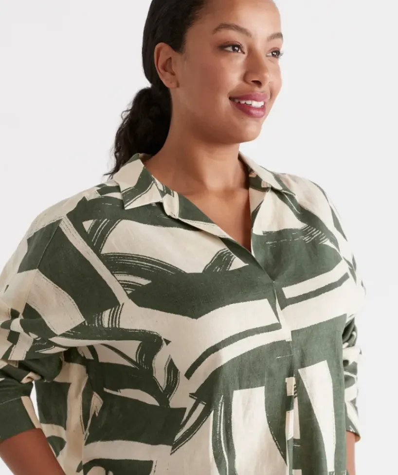 Linen Abstract Print Popover Shirt<Sussan Clearance