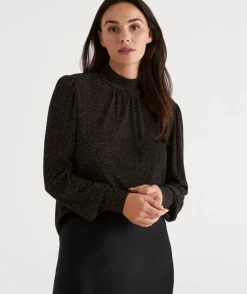 Metallic Mock Neck Blouson Sleeve Top<Sussan Sale