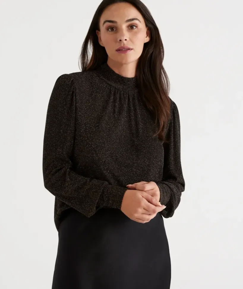 Metallic Mock Neck Blouson Sleeve Top<Sussan Sale