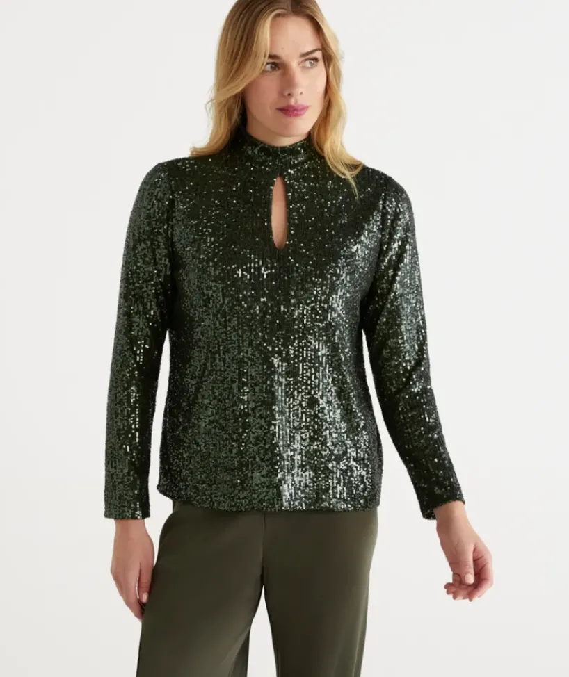 Sequin Keyhole Long Sleeve Top<Sussan Outlet