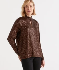 Sequin Keyhole Long Sleeve Top<Sussan Clearance