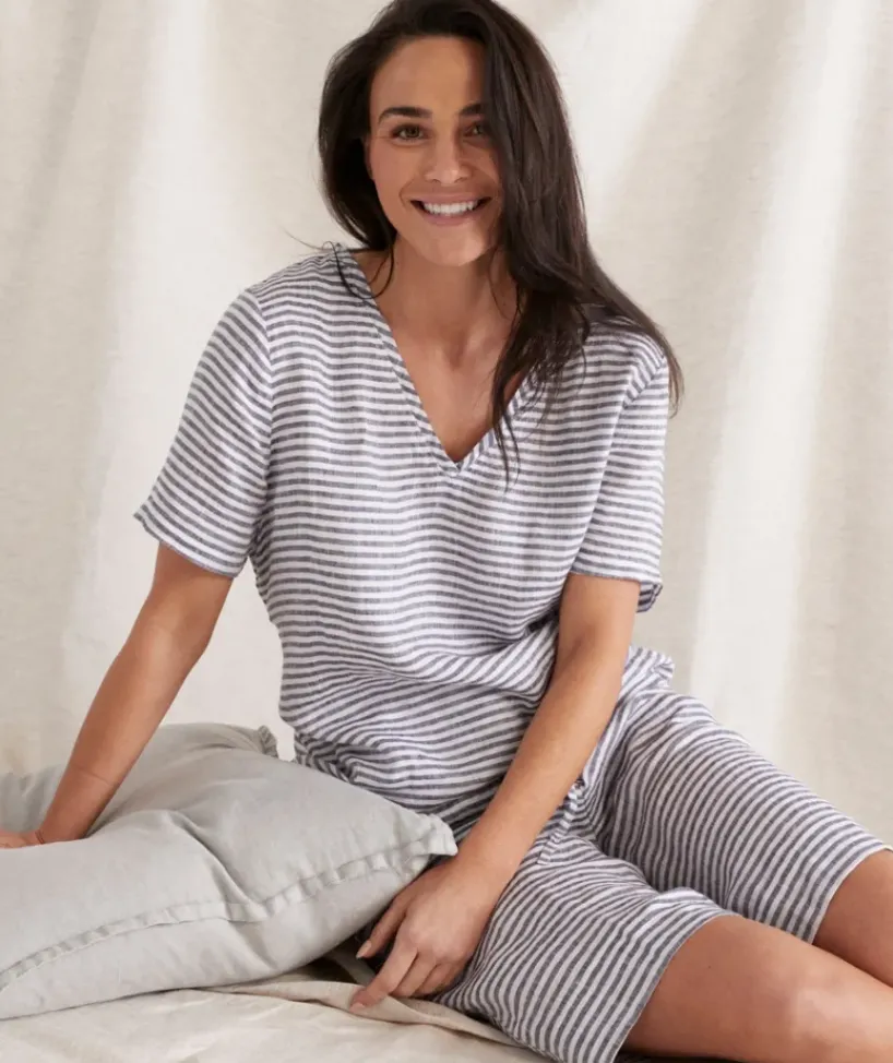 Stripe Linen V-Neck Lounge Top<Sussan Online
