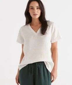 Stripe Linen V-Neck Lounge Top<Sussan Outlet